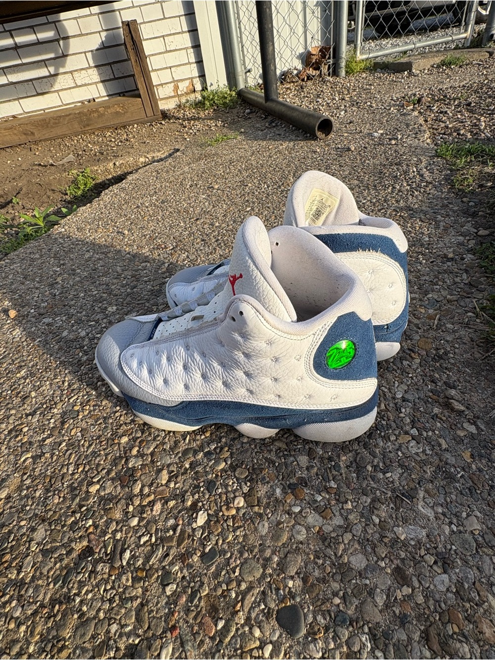 Jordan White and Navy Kids Basketball Sneakers with Green Accent